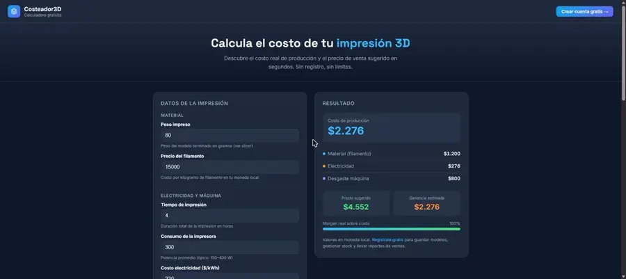 Interfaz real de Costeador 3D para calcular costos de impresión