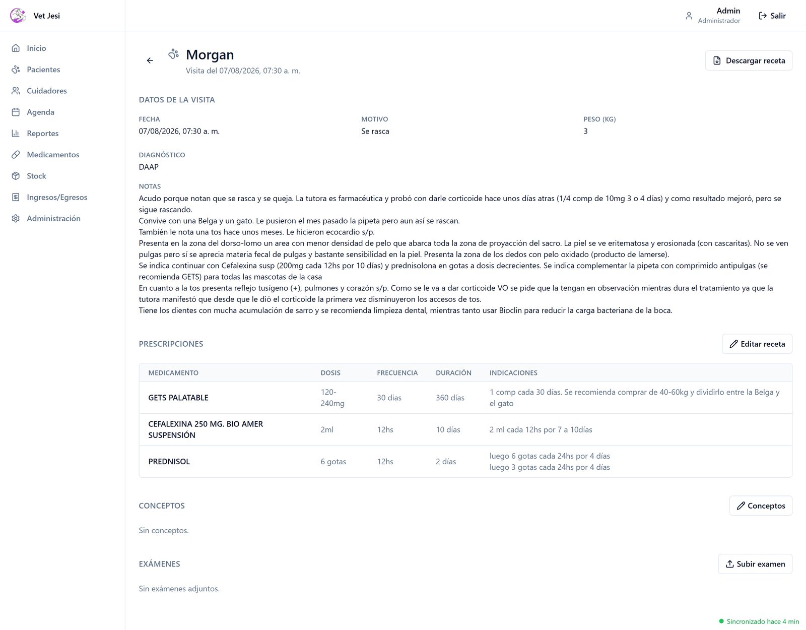 Detalle de una visita con diagnóstico, notas clínicas y prescripciones, con receta descargable.